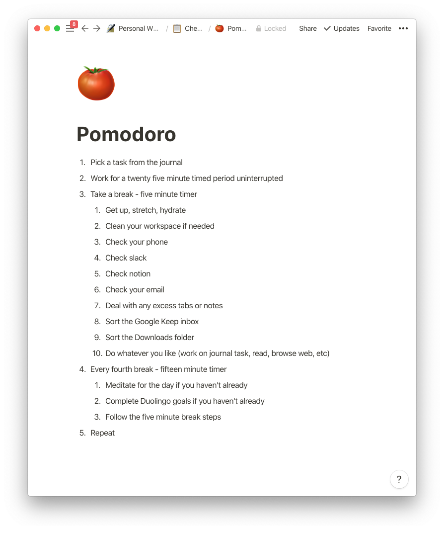 Pomodoro checklist